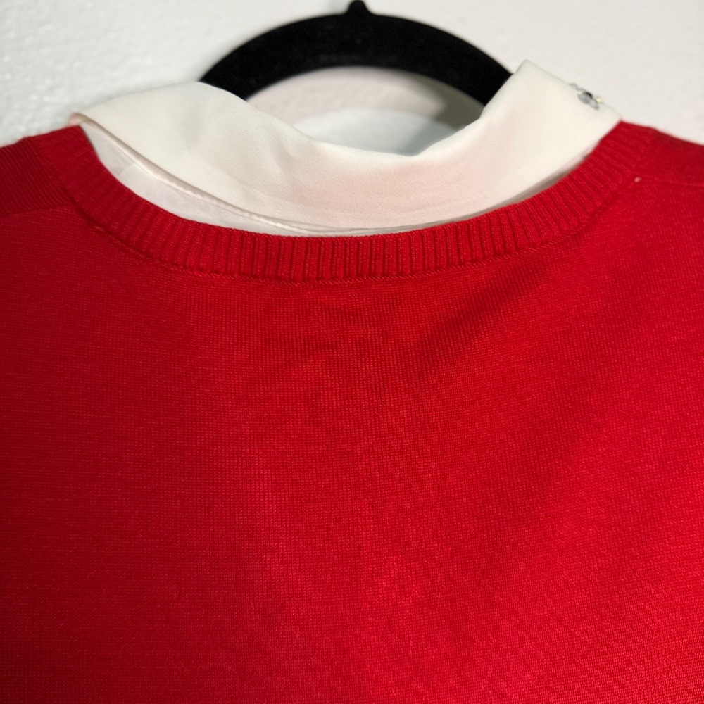 Adrianna Papell Red V-Neck Layered Sweater with White Shirt Detail - Picture 6 of 9